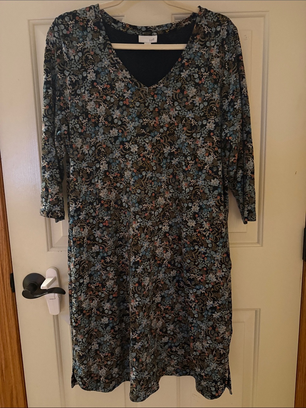 J. Jill Black Floral V-Neck Long Sleeve Dress with Blue & Pink Accents